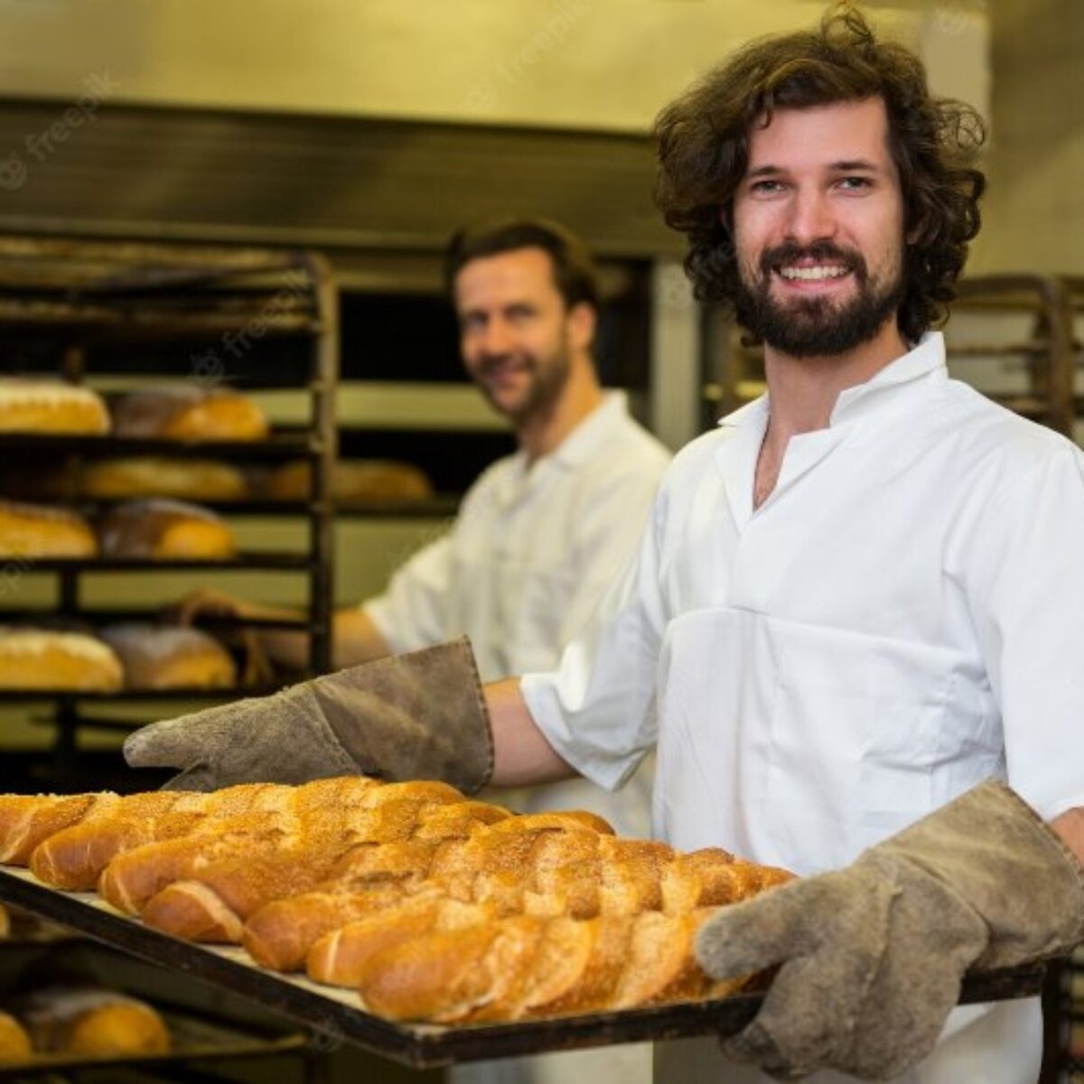 smiling-baker-carrying-tray-freshly-baked-french-baguette_1170-2290